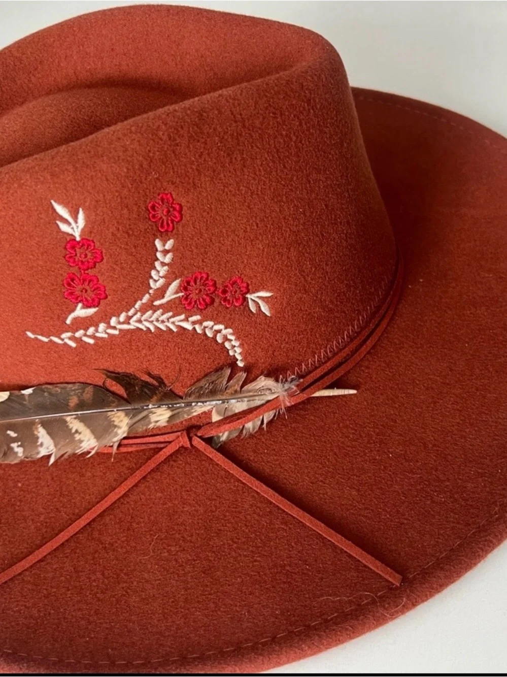 Johnny Was Fedora Hat Rust Color Embroidered Wool with Blue Hummingbird Feather